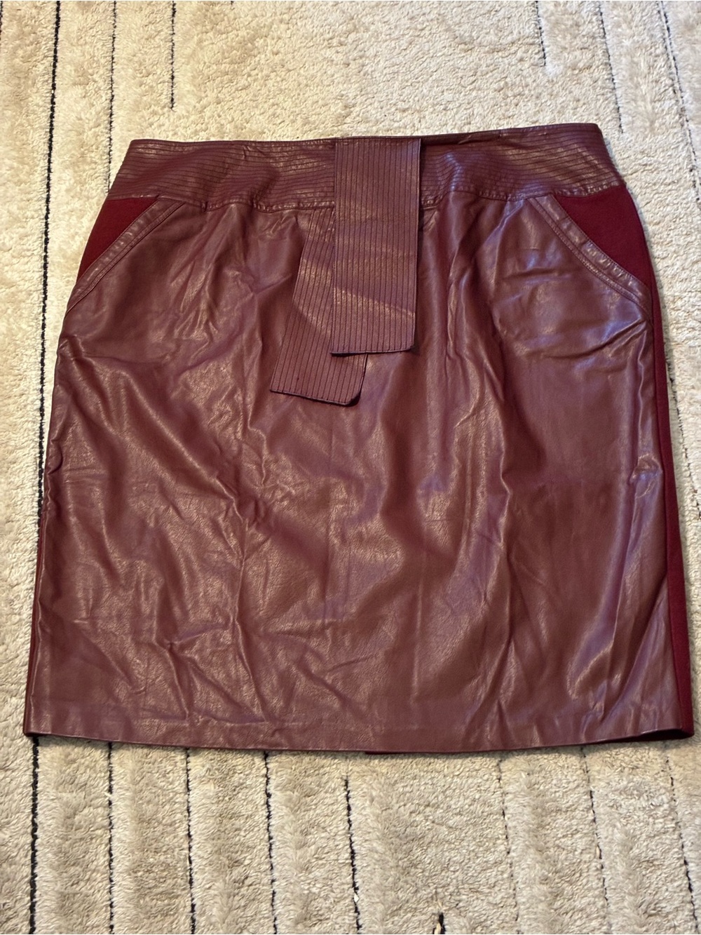 Melissa McCarthy Seven7 Burgundy Vegan Leather Midi Skirt with Waist Sash